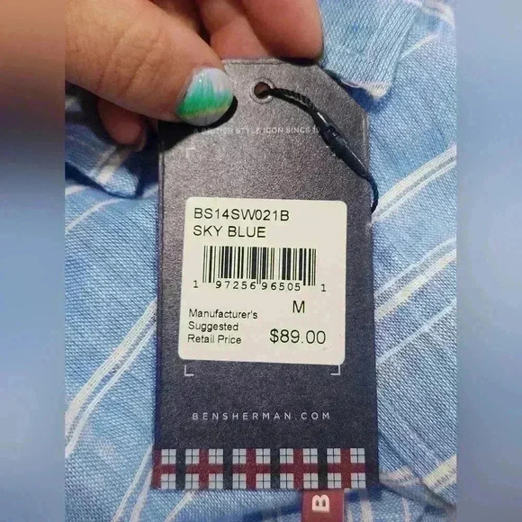 Ben Sherman Men's Sz Medium Blue White Textured Slub Button Down Short Sleeve - Picture 5 of 6